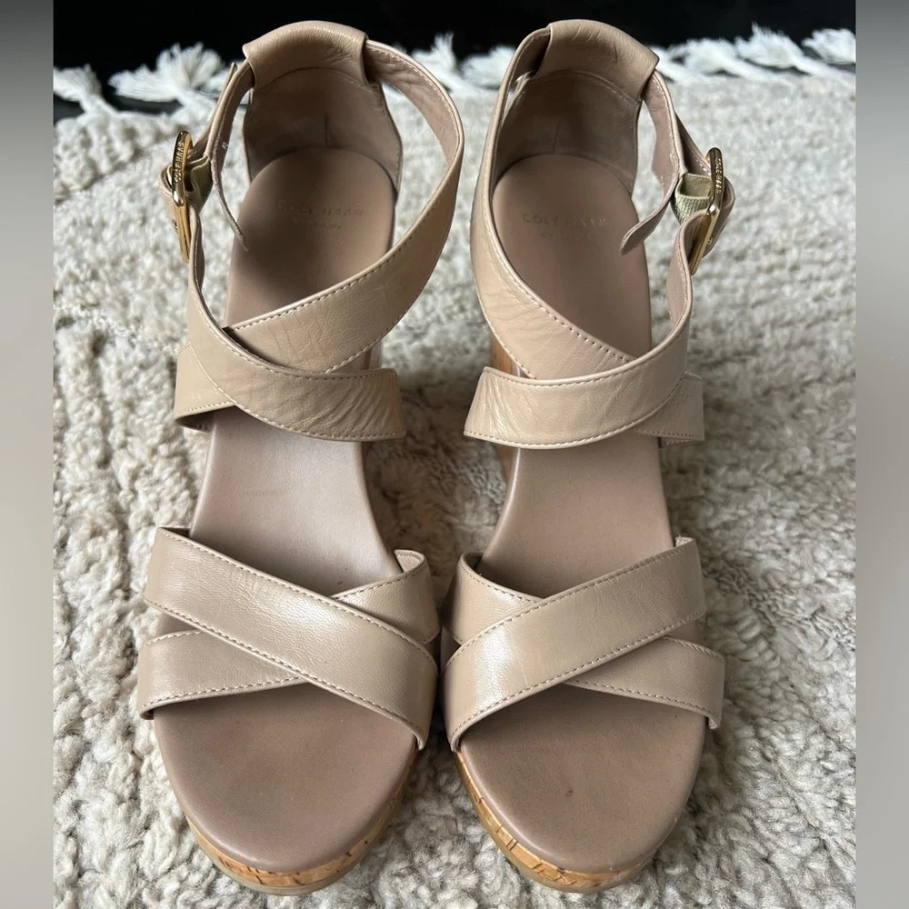 Cole Hann Neutral Cork Wedge Sandals with Gold Buckle